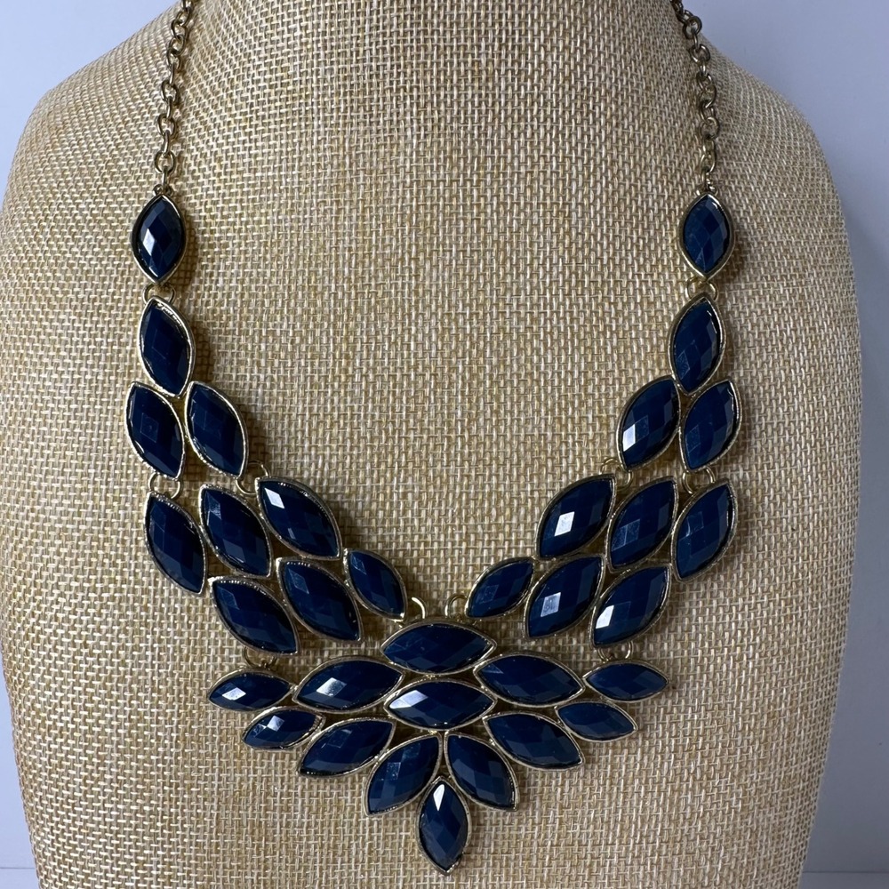 Navy Blue Marquise Rhinestone Bib Necklace Gold Tone Statement Adjustable‎ Chain